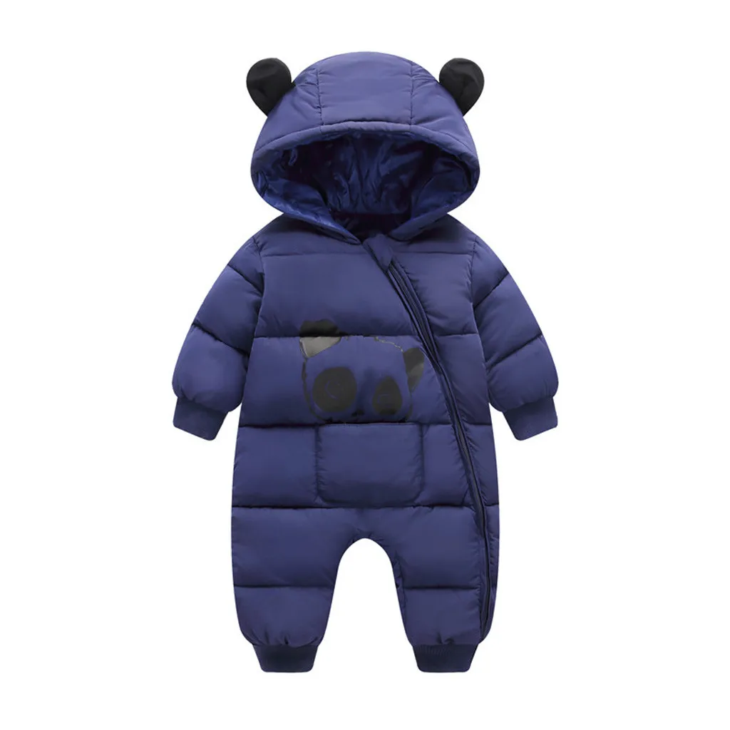 Зимняя теплая куртка-пуховик с рисунком панды для новорожденных мальчиков и девочек; Плотный Комбинезон для малышей; модное пальто с капюшоном; верхняя одежда - Цвет: Синий