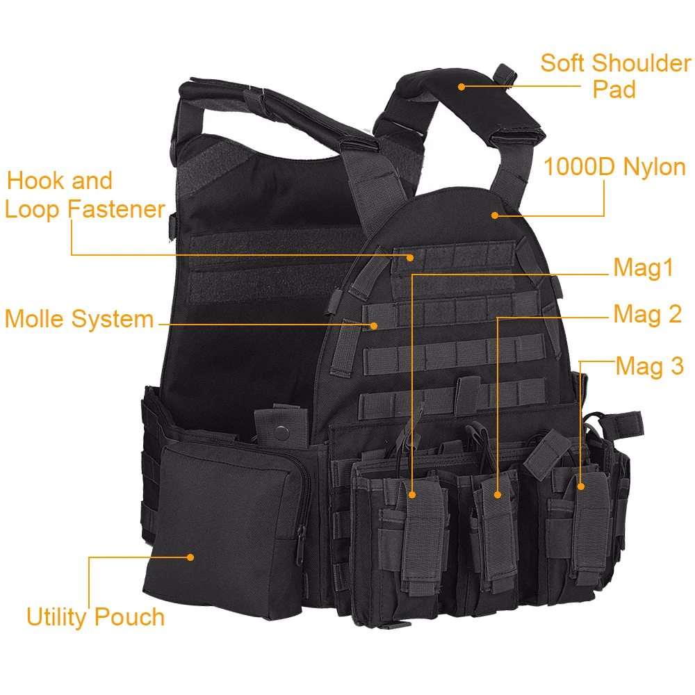 1000D Tactical Molle Vest Military Airsoft Combat Assault Plate Carrier Vest with 6 Accessories Pouch for Hunting Shooting CS