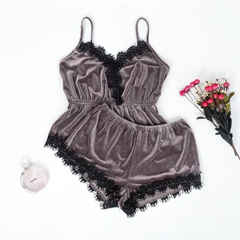 

Suphis Women's Sexy Pajamas Sets Brown Velvet Camis Lace Tops Shorts 2 Pieces Female Sleepwear Nightwear Pajama 2019