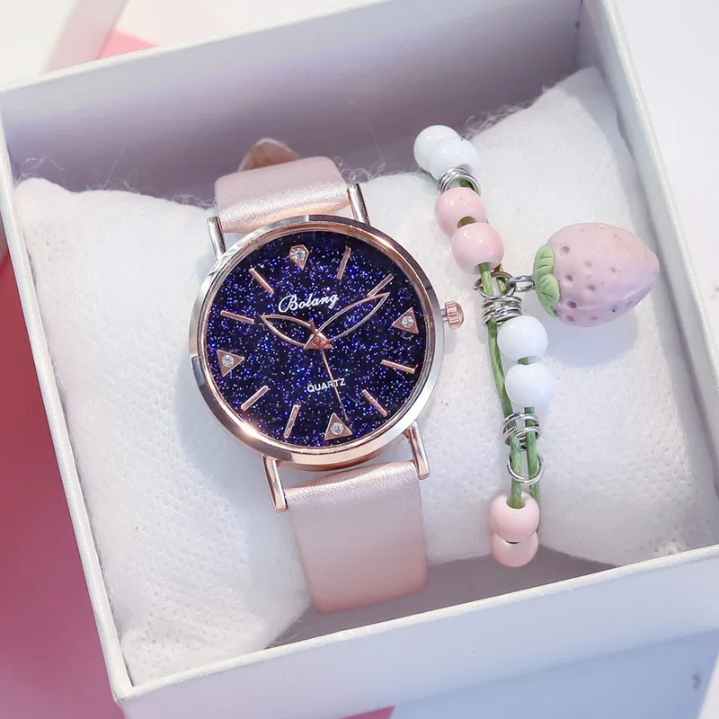 

2 Pieces Watch Bracelet Set Fashion Chic Cool Star Dial Quartz Watch + Strawberry Bracelets