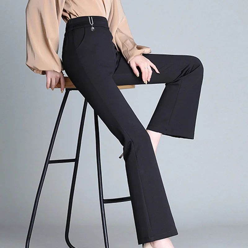 

Womens Solid Color Slim Fit Elastic Pants Solid Boot Cut High Waisted Flare Pants Workout Casual Trousers