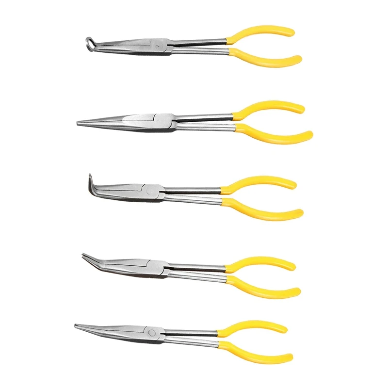 

5 Pcs 11 inch Degree Ring Shape Long Needle Nose Pliers Straight Bent Tip Mechanics Repair Tools Set