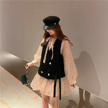 

Women's Sets Spring 2020 Slim Fit Ladies Long Sleeve Print Chiffon Dress + Double breasted Vests two piece Suits Q8226