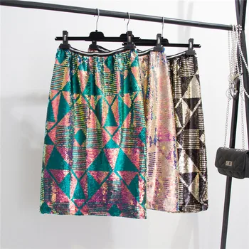 

New Spring and Autumn Retro Geometric Pattern Sequins Skirt Women High Waist One-step Midi Length Skirts Femme