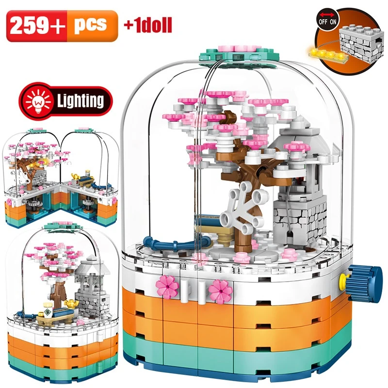 

Blocks Toy Creative LED Light Rotating Box Building Blocks Cherry Blossom House Tree Bricks Friends City Street View Brick Toys