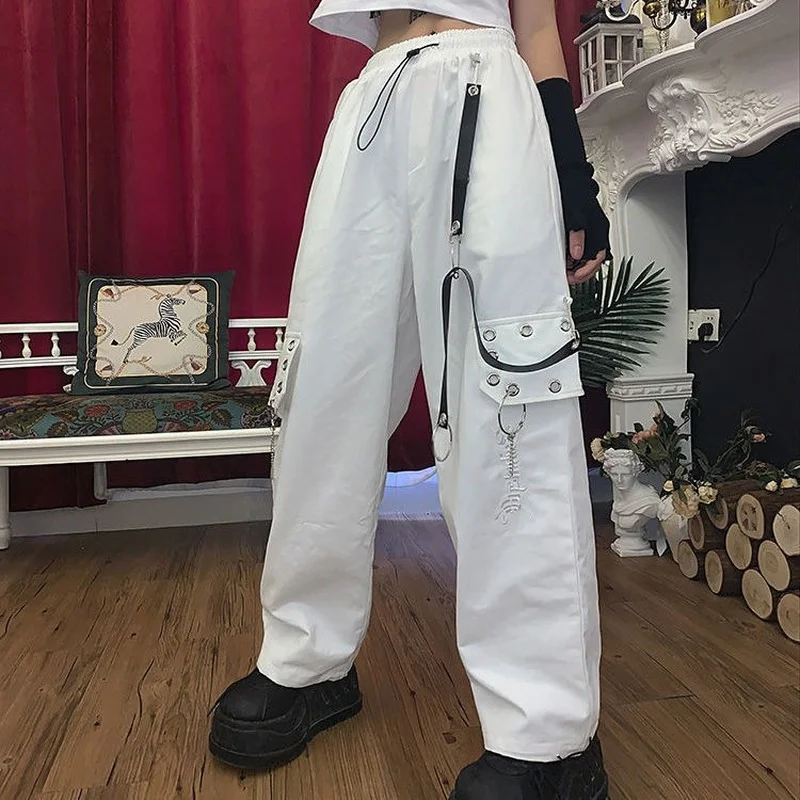 

Female Hippie Street Style Gothic Black Embroidered Overalls Y2k Harajuku Punk Female Gothic Chain White Loose Wide-leg Pants