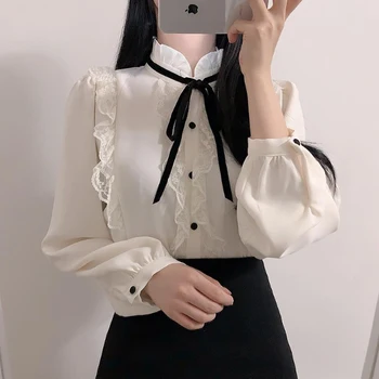 

Fashion long sleeve lace tops korean 2019 new elegant female bow stitching chiffon blouse new women chiffon shirt