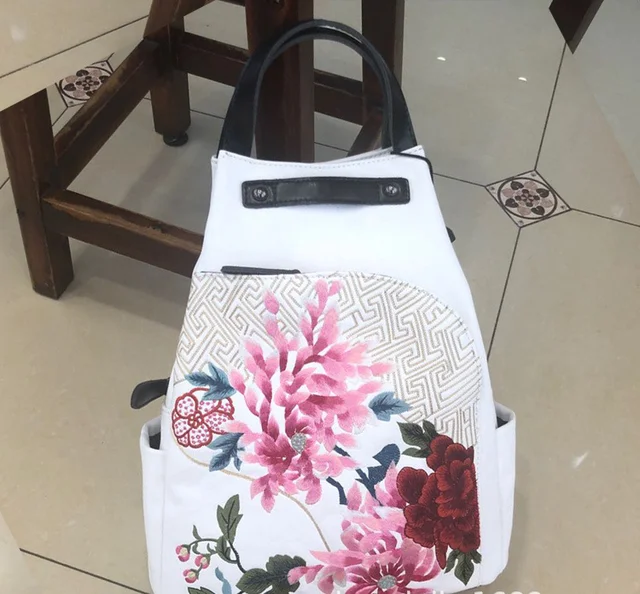Bags Women Retro Chinese Style Embroidery Luxury women's Backpack PU Leather Personality All-match Casual Female Bag white