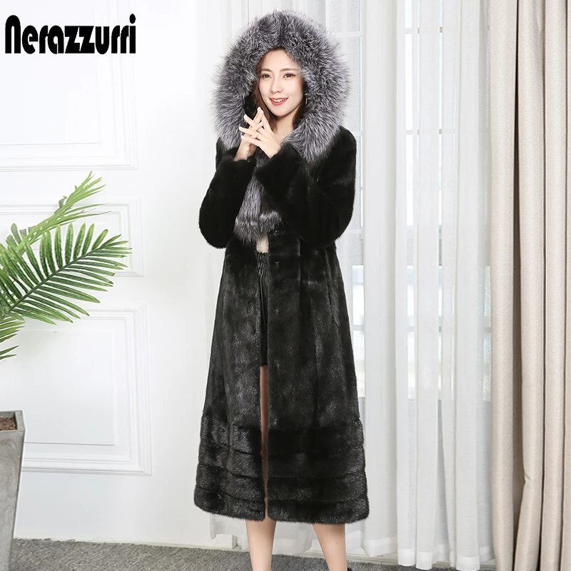 Nerazzurri real mink coat hooded black mink coats women with silver fox fur trim hood long sleeve plus size warm mink jacket 7xl