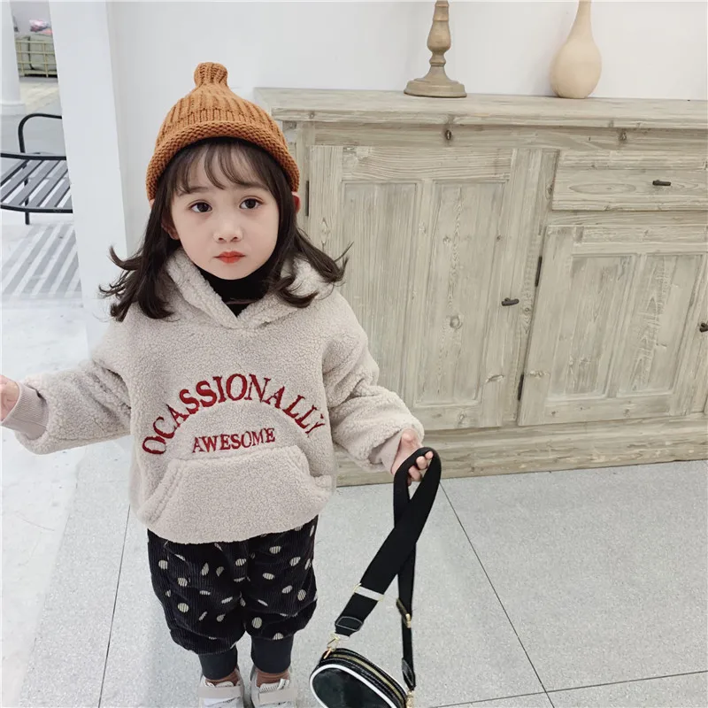 Winter New Arrival Korean style thickened letters embroidery hooded loose fur hoodie for fashion cute baby girls and boys