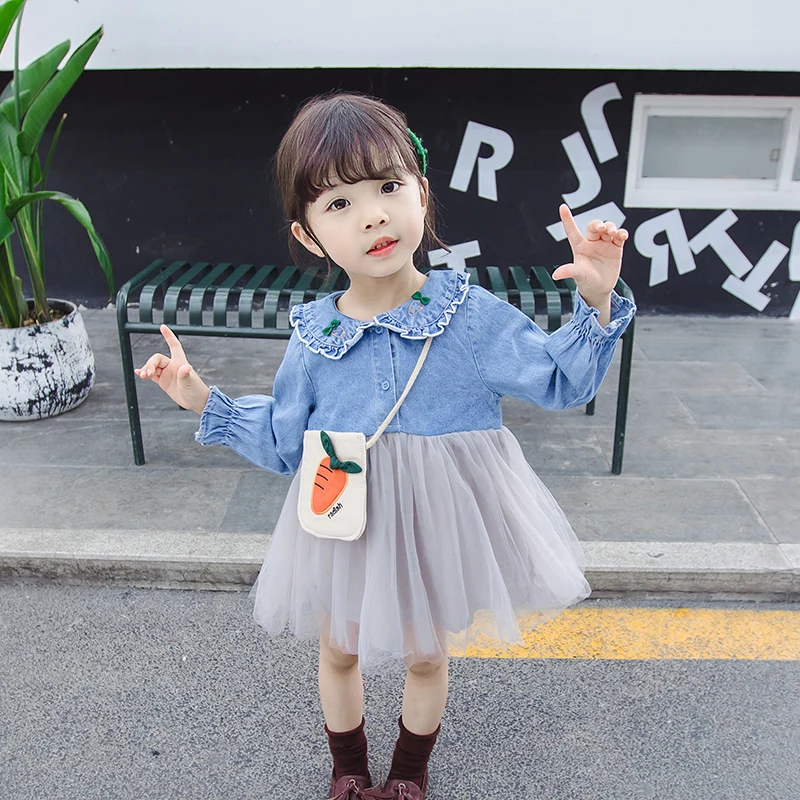 

Cute Mesh Cowboy Dress Girls Ruffle Clothing Long Sleeve Dresses Children Autumn Splice Kids Clothes Princess Dress with bag