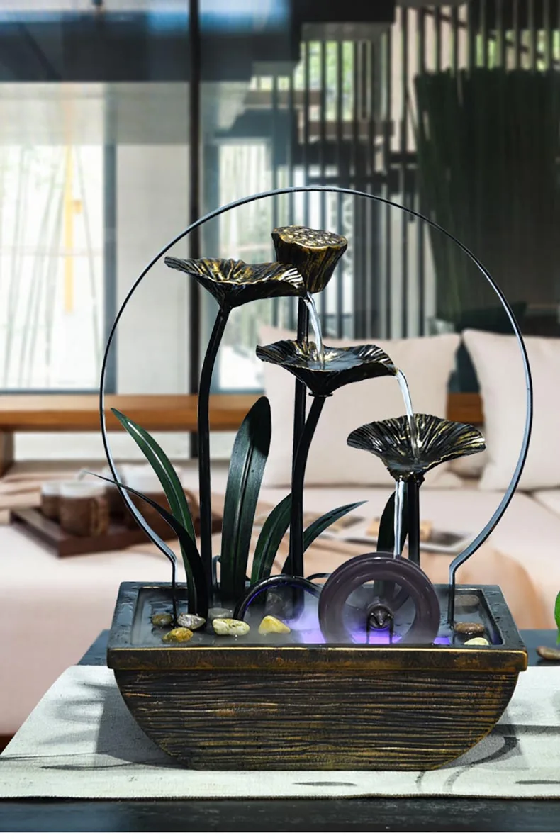 110 V-220 V креативных железных лепесток фонтан воды Lucky Feng Shui колеса водопад установка для бурения небольших Особенности увлажнитель домашний декор