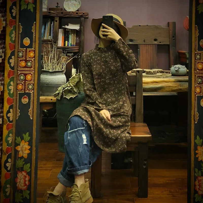 Johnature, винтажное платье, свободное, с принтом, длинный рукав, женская одежда, новинка, осень, для досуга, стоячий воротник, подходит ко всему, Ретро стиль, женские платья