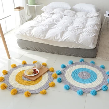

Handmade Round Rug Circle Knitted Pompom Mat for Kids Play Area Rug 80X80cm Nursery Room Living Room