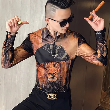 

lion Printing Social Shirt Men Long Sleeve Casual Slim Fit Dress Shirts Night Club Party Shirts Streetwear Camisa Masculina
