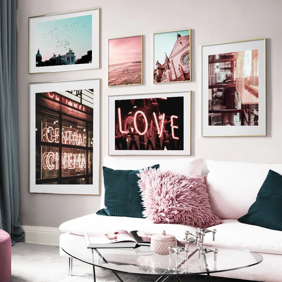 Pink-Sea-Church-Neon-Light-City-Street-Nordic-Posters-And-Prints-Wall-Art-Canvas-Painting-Club