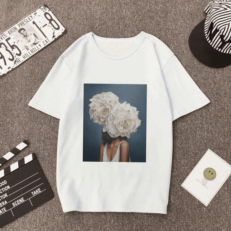 Новая Винтажная женская футболка с цветами и перьями, забавная модная футболка с рисунком Oneck, повседневный короткий рукав Харадзюку женские футболки
