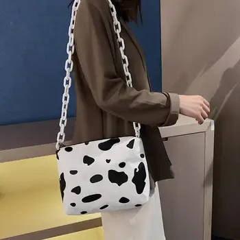 

Fashion Cow Dots Print Messenger Bag Women Canvas Shoulder Bags Chain Purse