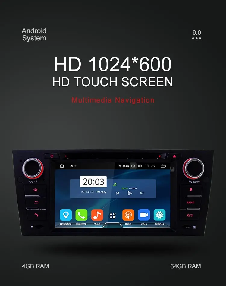 Top Besina 1 Din Android 9.0 Car DVD Player For BMW E90 E91 E92 E93 3 Series 4G+64G GPS Navigation Wifi Radio Multimedia Steer Wheel 1