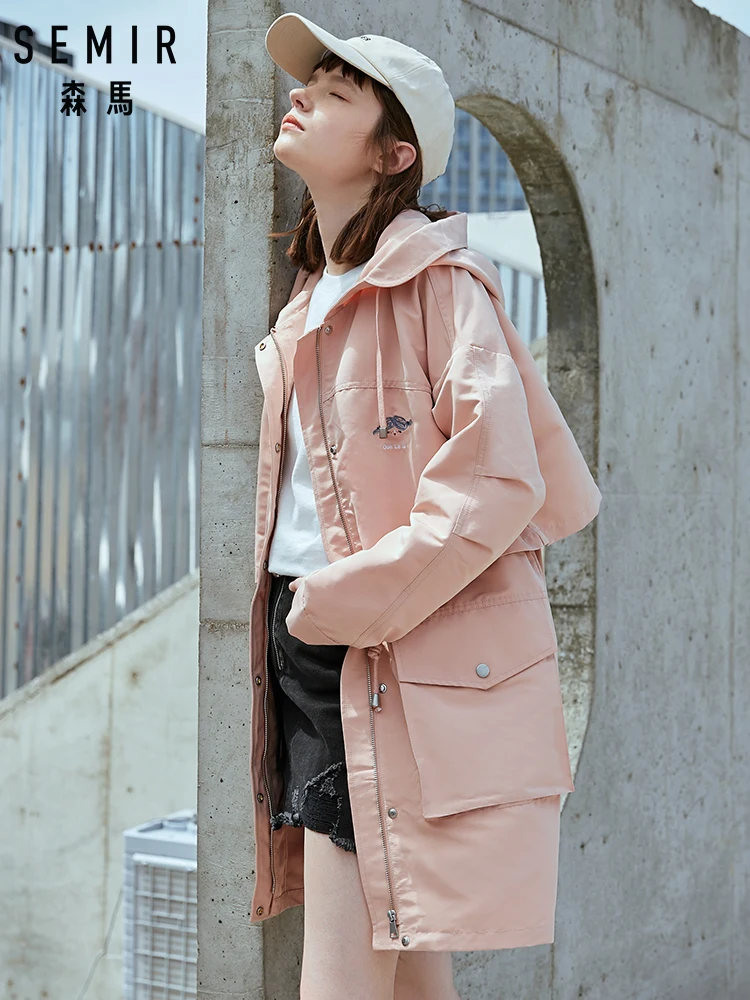 

SEMIR Mid length windbreaker women 2019 autumn new oversize hooded drawstring embroidery coat Korean version loose jacket