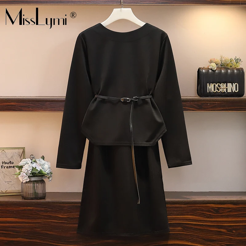 XL-5XL, плюс размер, женский костюм из двух предметов, осень, модное асимметричное платье с длинными рукавами и комплект пуловер+ кожаная юбка, сетчатые юбки