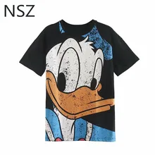 NSZ женская черная футболка с рисунком из мультфильма, хлопковая футболка с коротким рукавом, свободная повседневная футболка с круглым воротником, летние рубашки, Женская сорочка