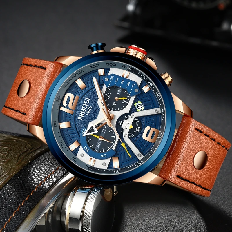NIBOSI Mens Watches Top Brand Luxury Chronograph Men Watch Blue Leather Waterproof Sport Watch Men Male Clock Relogio Masculino