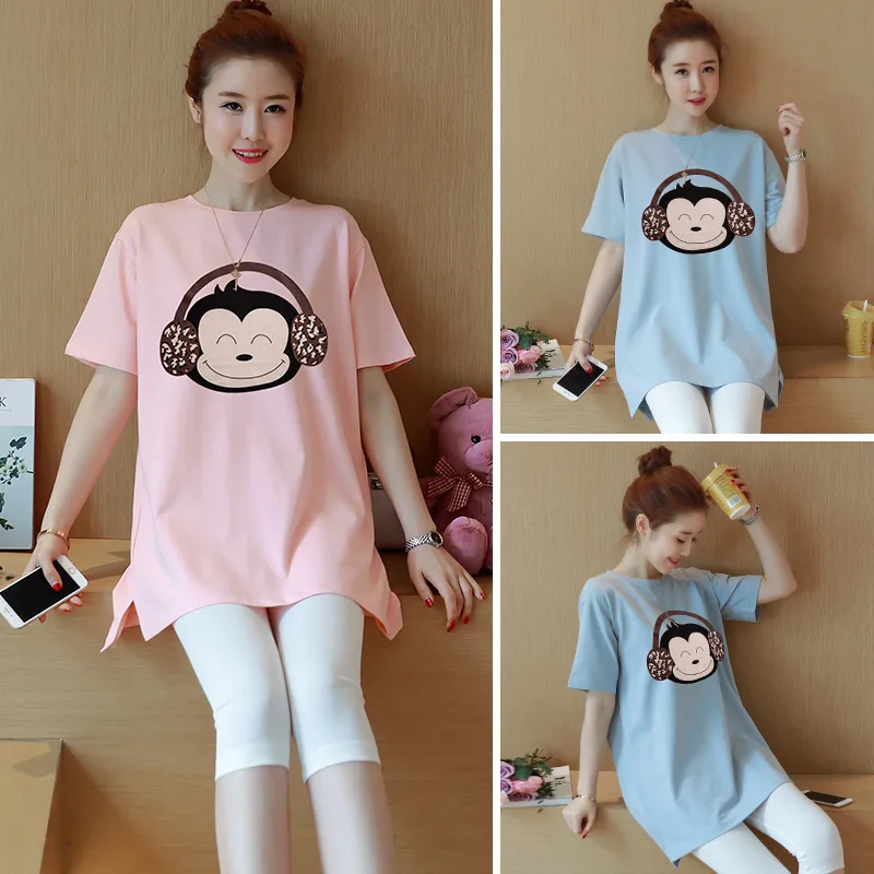 

2018 Spring Summer Korean-style Maternity Clothes Short Sleeve Mid-length Loose-Fit Pure Cotton Cartoon Printed Leisure T-shirt