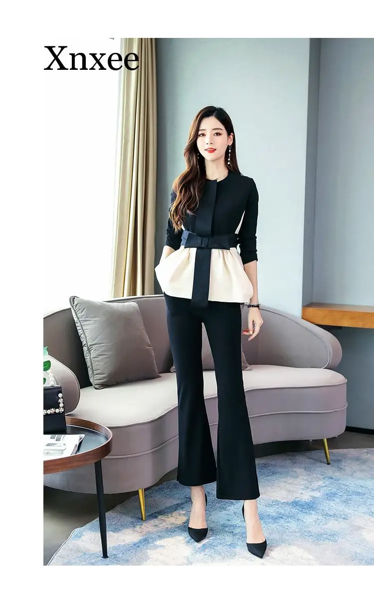 2 Piece Set Women Spring Autumn Europe Cardigan Spliced Bows Blouses Tops And Flare Pants Suits Elegant OL Clothing Set formal