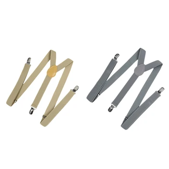 

2x Unisex Clip on Suspender Elastic Y-Shape Back Formal Adjustable Braces, Khaki & Light Grey