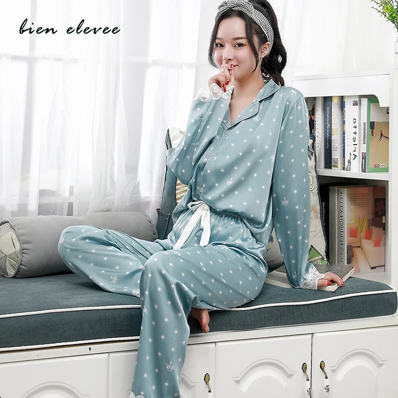 Women Sexy Lace Pajama Ice Silk Pyjama Sets Autumn Winter Sleepwear Suits Long Sleeve Casual Homewear Lapel Button 2Pieces Print