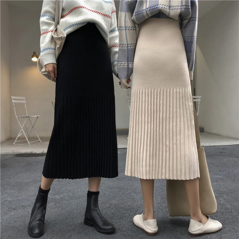 All-match Pleated Skirt Women Korean Retro Chic Simple Knit Skirt High Waist Autumn Winter Solid Color Elegant Black Falda Midi