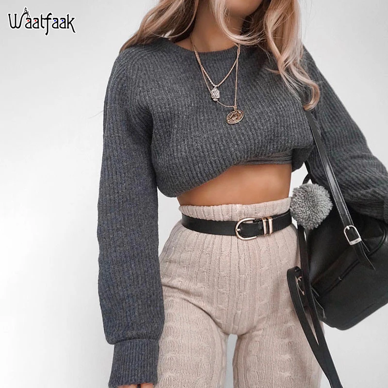 

Waatfaak Autumn Winter Sweater Female Knit Pullover Long Sleeve Vintage Sweat Top Korean Crop Sweater Women Casual Basic Fall