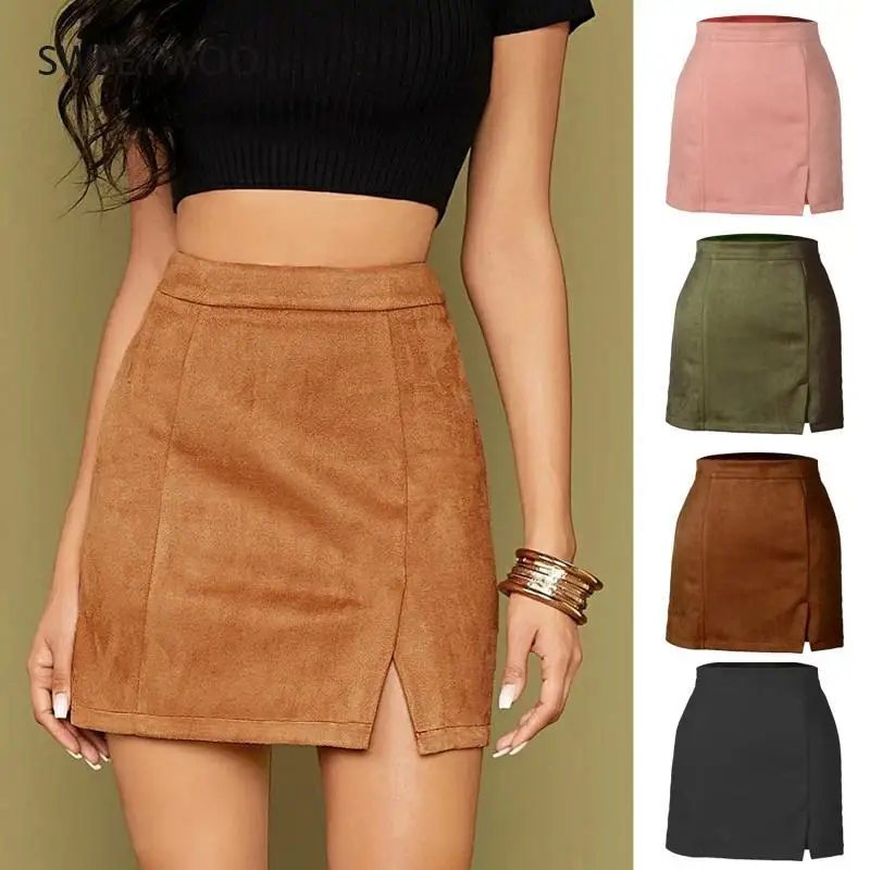 2021 Women's Suede Bag Hip Short Skirt High Waist Zipper Autumn and Winter New A-Line Solid Color Skirt Women