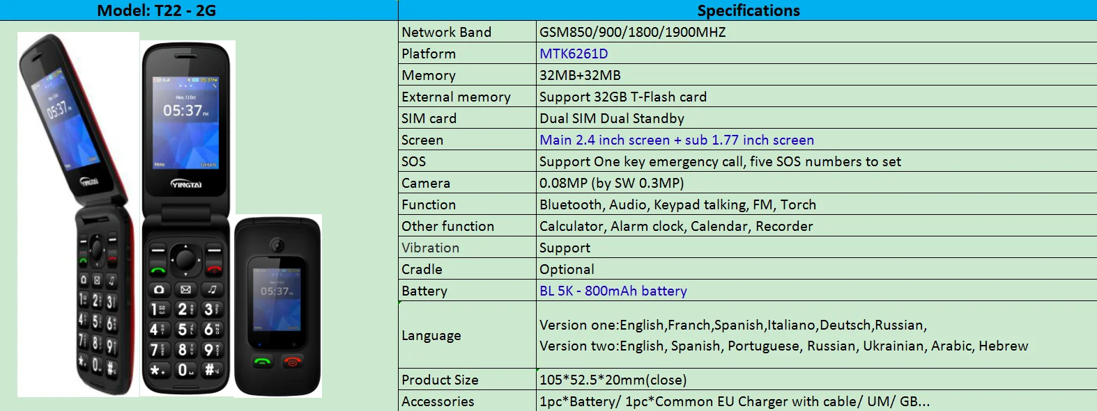 YINGTAI T22 2G MTK6276 GPRS MMS Большой кнопочный мобильный телефон для пожилых людей с двумя sim-картами