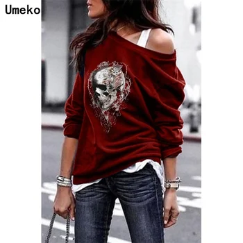 

Umeko 2020 New Women Fashion Style Skull Print Hoodies One Shouder Casual Soft Long Sleeve Hoodies Women Slim Sexy Top Plus Size
