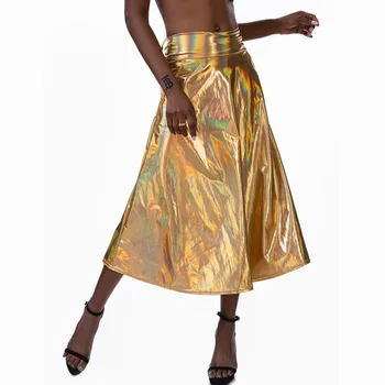 

Metallic Women Pleated Skirt Holographic Shiny Wetlook High Waist A Line Sexy Club Skirt Female Casual Party Maxi Long Skirt