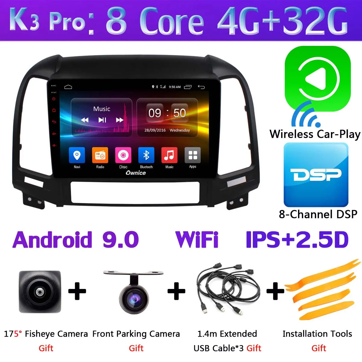 360 ° камера 4G+ 64G Android 9,0 Автомобильный мультимедийный радио для hyundai Santa Fe 2 2006-2012 головное устройство gps навигация SPDIF DSP CarPlay - Цвет: K3 Pro CarPlay