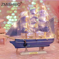 ZMISHIBO парусная лодка Ночная лампа в средиземноморском стиле розово-синяя полоска Декор для спальни модель корабля Настольный орнамент