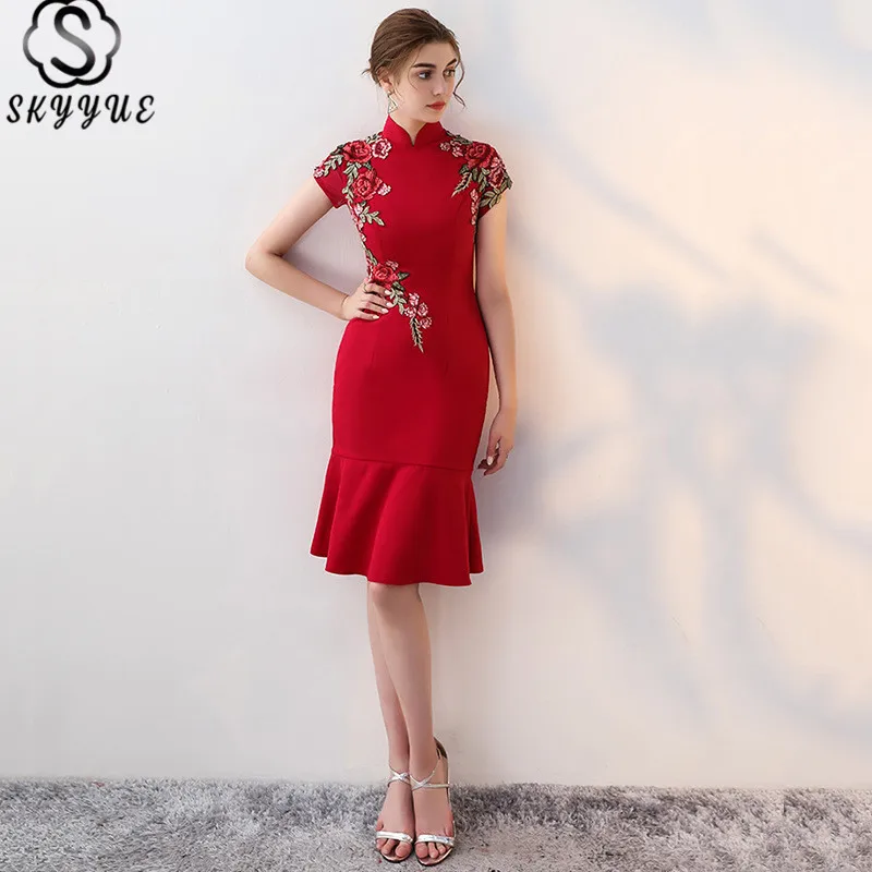 

Skyyue Prom Dress High Collar Short Sleeve Mermaid Prom Dress Plus Size Knee-Length Embroidery Dresses Women Party Night LX386