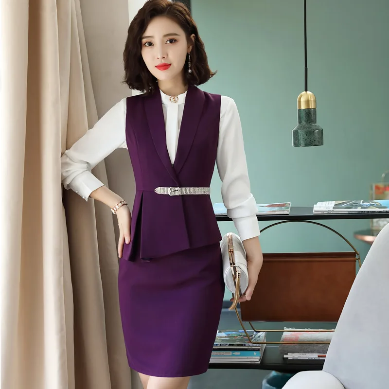 

IZICFLY New Style purple ladies suits for office skirt and tops Waistcoat Uniform Skirt Suit Work Wear plus size suits with Vest