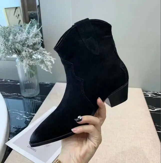 black VIISENANTIN/женские полусапожки цвета красного и хаки; Модные ботильоны из коровьей замши; классические дизайнерские ковбойские ботинки - Цвет: black