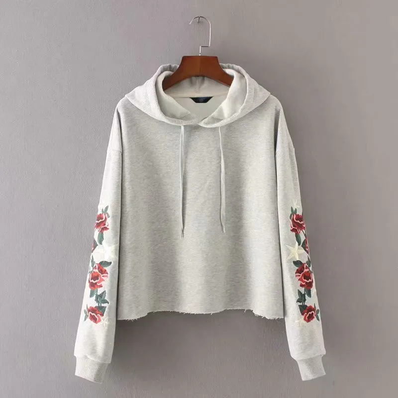 spring and autumn women's new embroidery short hooded sweatshirt plus velvet sweatshirt casual fashion shirt