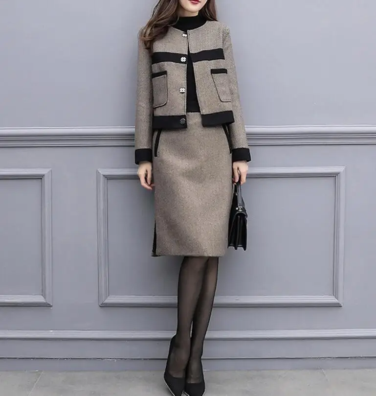 

Women Tracksuits Outfits Short Jacket Coat High Waist Skirt Two Piece Set Pockets Female Vintage Woolen Suits Sets Clothes