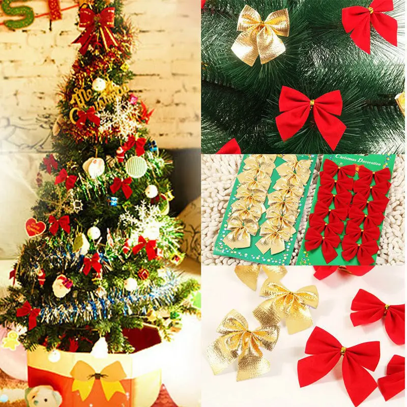 12 шт., цветные банты, декоративные рождественские елки, рождественское подвесное украшение, красные, золотые, серебряные банты, вечерние украшения, рождественские украшения