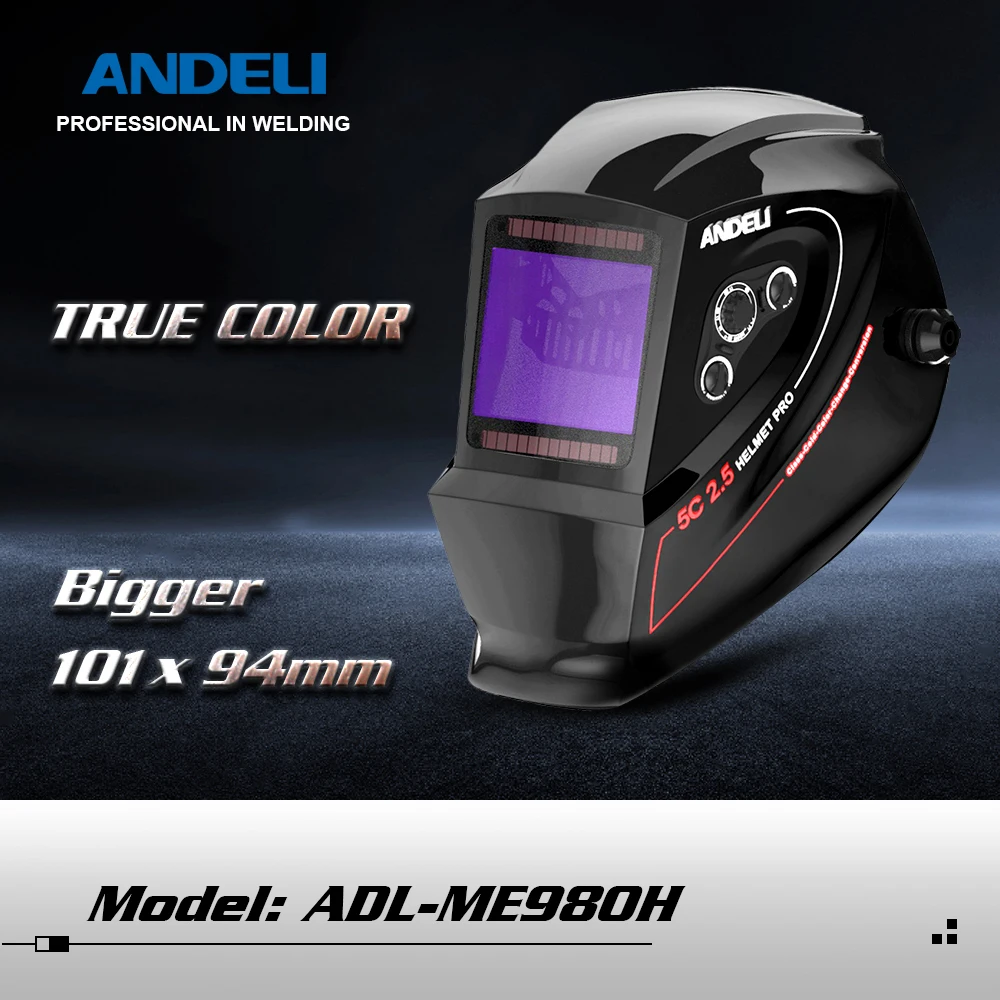 ANDELI Welding Helmet ADL-ME980H Large View True Color Solar Power Auto Darkening  Welding Mask for TIG MIG Arc Weld Grind Cut