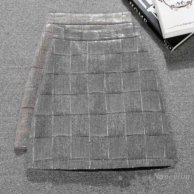 

Sequin Skirt Women's Autumn and Winter 2020 New High Waist Plaid A- Line Shiny All-Match Lady Chic Skirts Femme