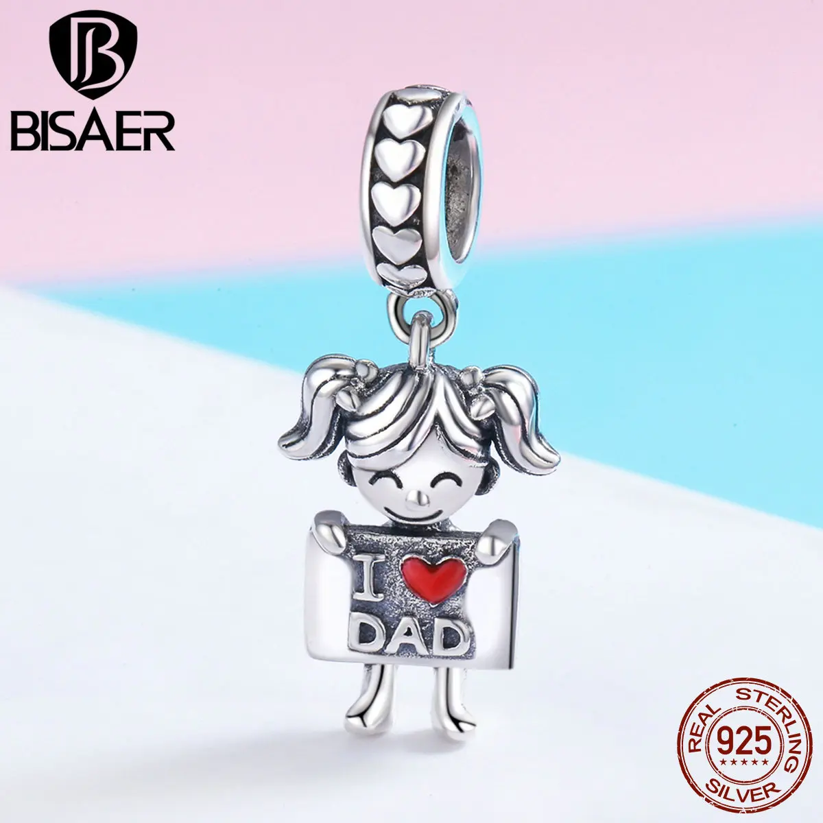 BISAER Подвески Серебро Оригинал 925 пробы серебро принт I love Dad Девушка Подвеска для