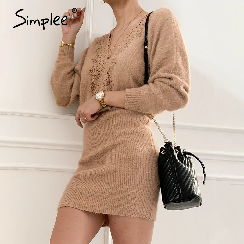 Simplee Sexy khaki knitted backless women dress V-neck lace up bodycon short dress Office street autumn winter dress 2020 Simplee Sexy khaki knitted backless women dress V-neck lace up bodycon short dress Office street autumn winter dress 2020