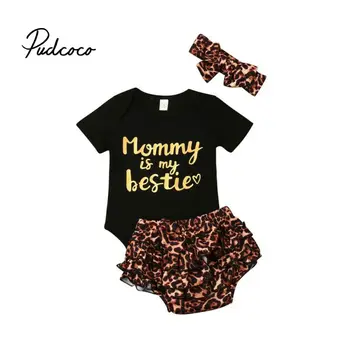 

pudcoco 2019 Baby Girls Clothes Newborn Female Outfit Infant Clothing Set Leopard Print Letter Love Mommy Bodysuit+Shorts 3pcs